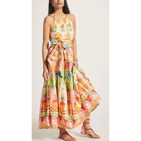 Anthropologie Farm Rio Maxi Dress Boho Vacay Pineapple Halter Preppy Sz M NWT